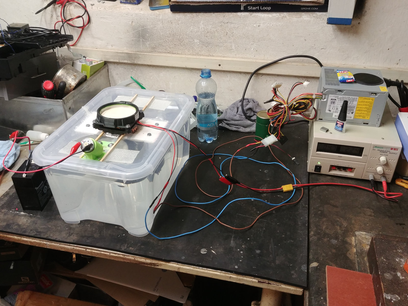 Jerry-rigged setup powered by a all sorts of power supplies